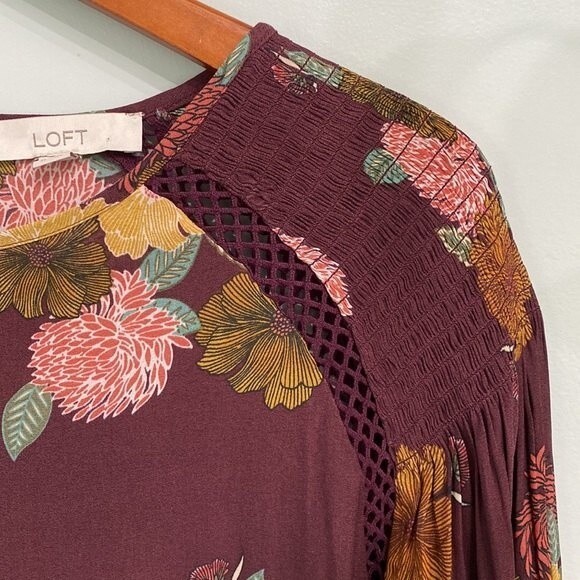 LOFT Burgundy Floral Long Sleeve Key Hole Back Blouse Ruched Crochet Lace Flowy - Picture 2 of 15